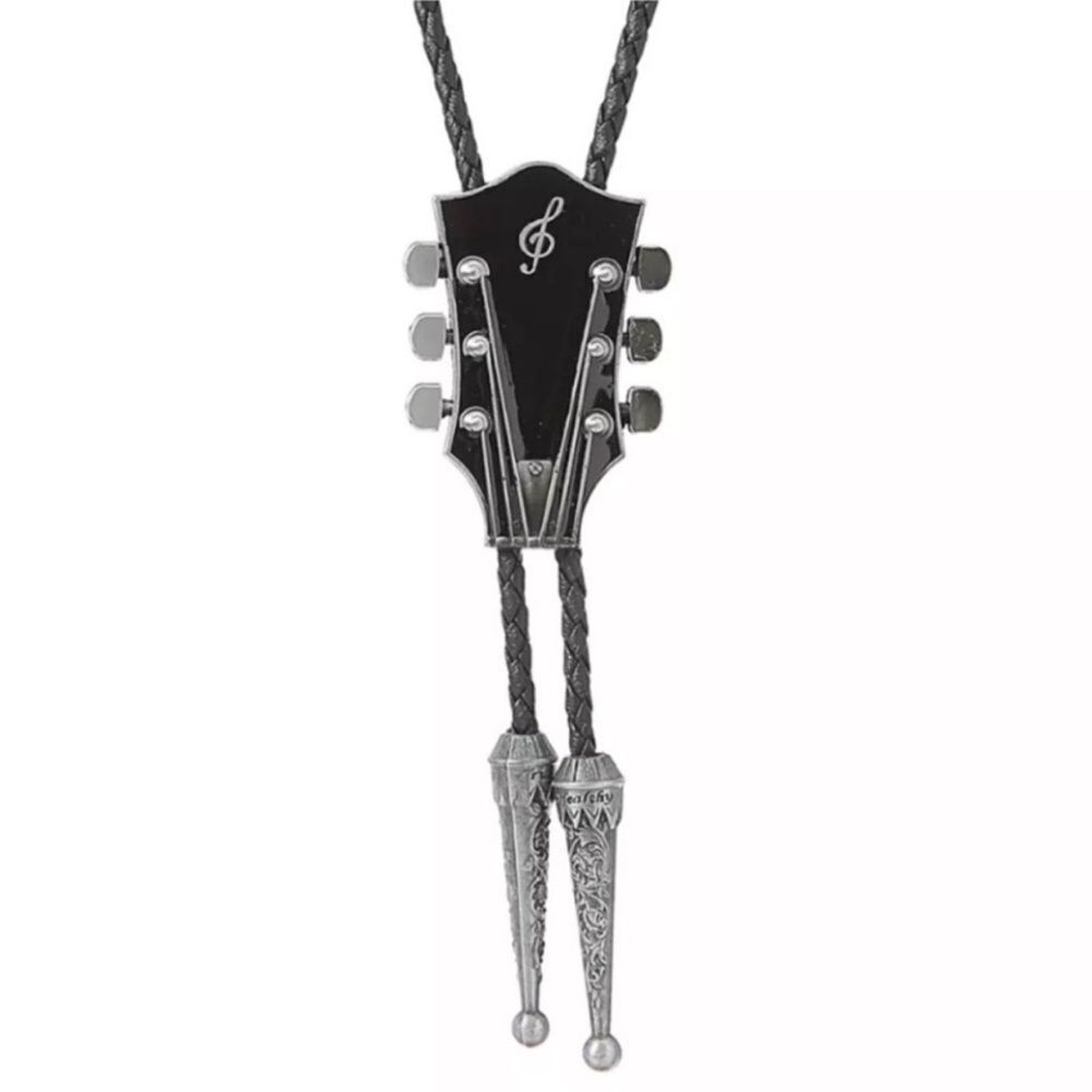 Black Guitar Bolo Tie Silver Accents Leather Braided Western Music Necktie NWT - Picture 2 of 4
